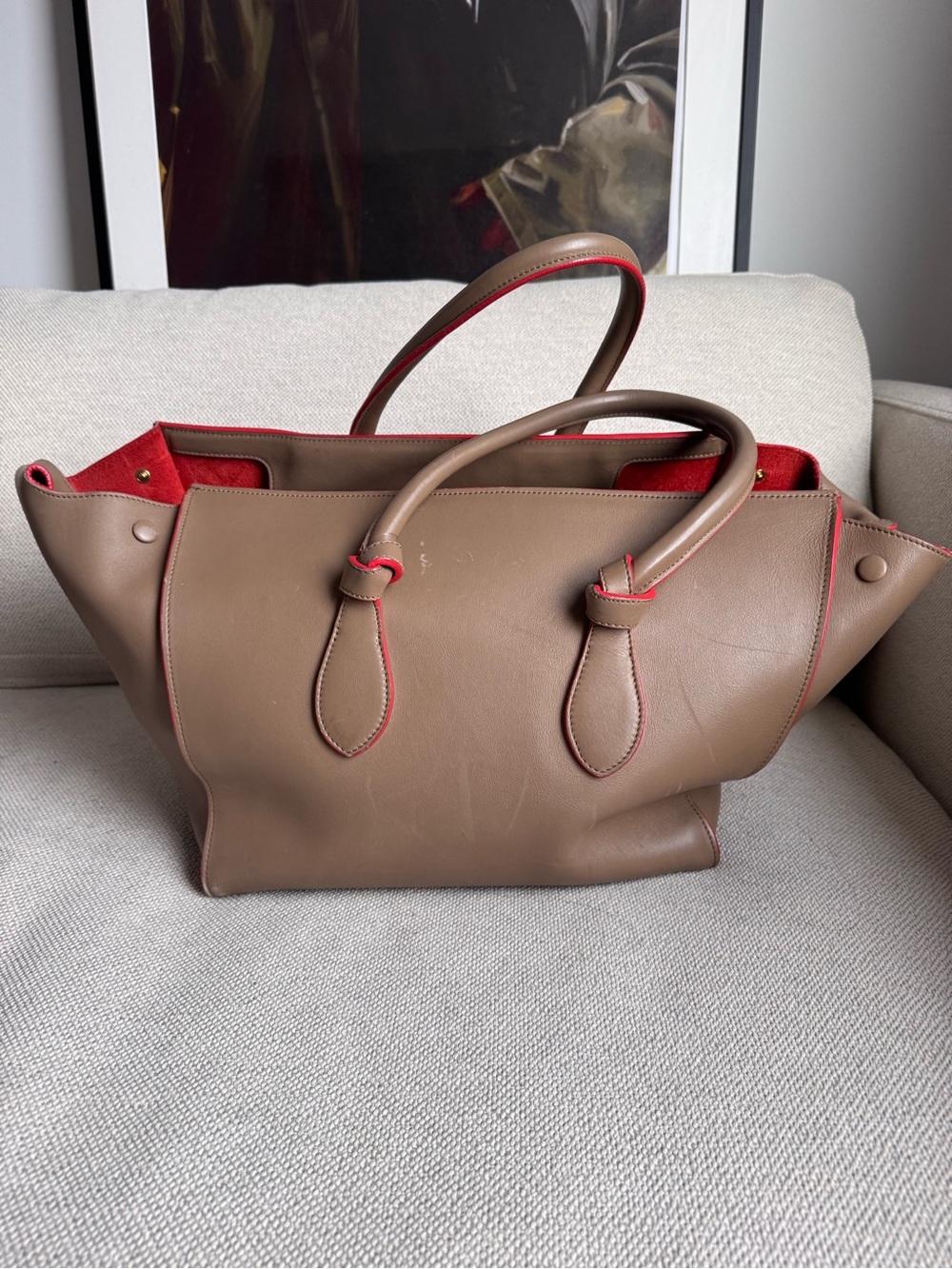 Celine Knot Bag. Taupe Leather Tote Bag with Red Trim